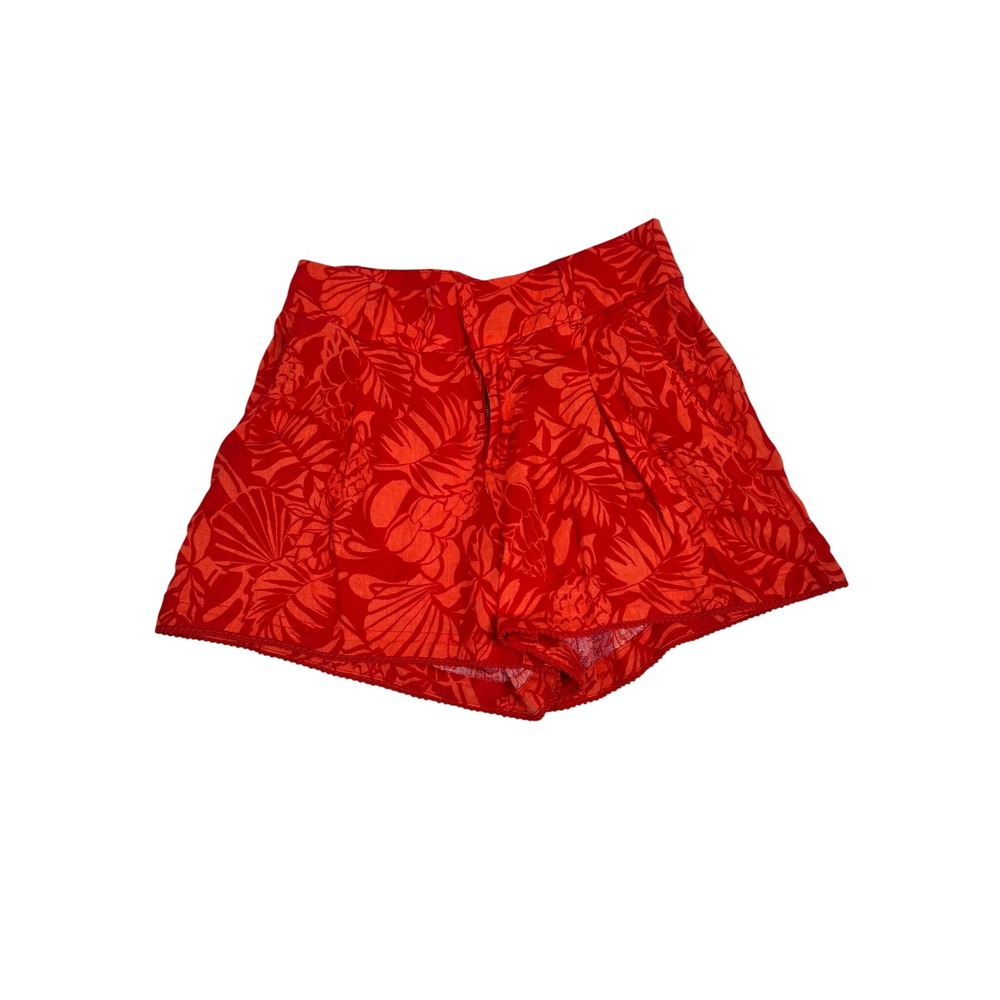 Nicole Miller New York 100% Linen Tropical Print Shorts Size 4 Red Orange Resort